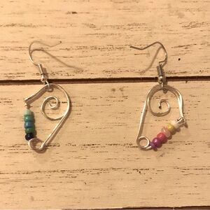 Handmade earrings. Wire wrapped Safety Pins with Multi-color Seed Bead Gradient.